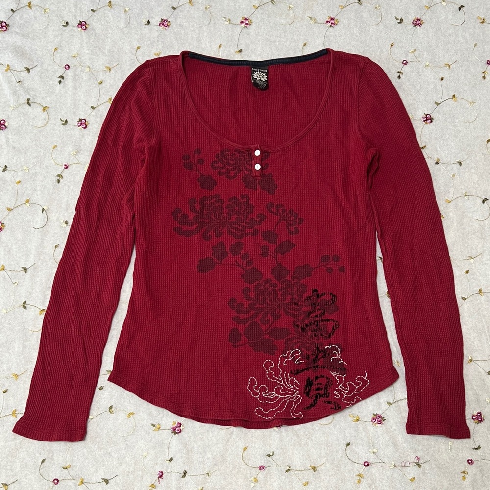 Y2K Waffle Thermal Henley Top Red Lucky Brand Floral Bella Elena Gilbert Large